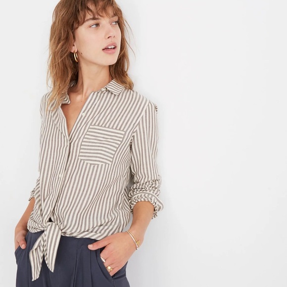 Madewell Women’s Tie Front Button Down Collared Shirt Mocha Mousse Striped Med - Picture 1 of 12